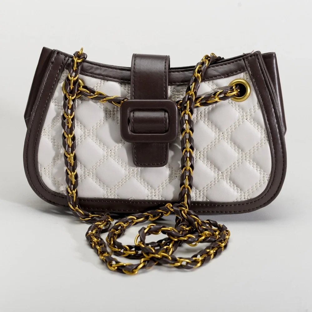 Elegant White and Brown Quilted Women's Bag